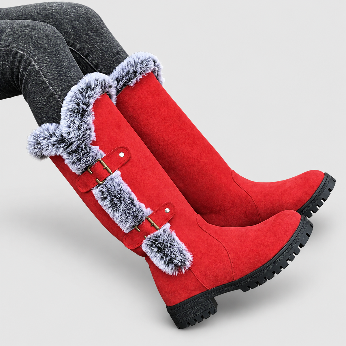 Women's Faux Suede Plush-Lined Buckle Knee-High Boots — view 7