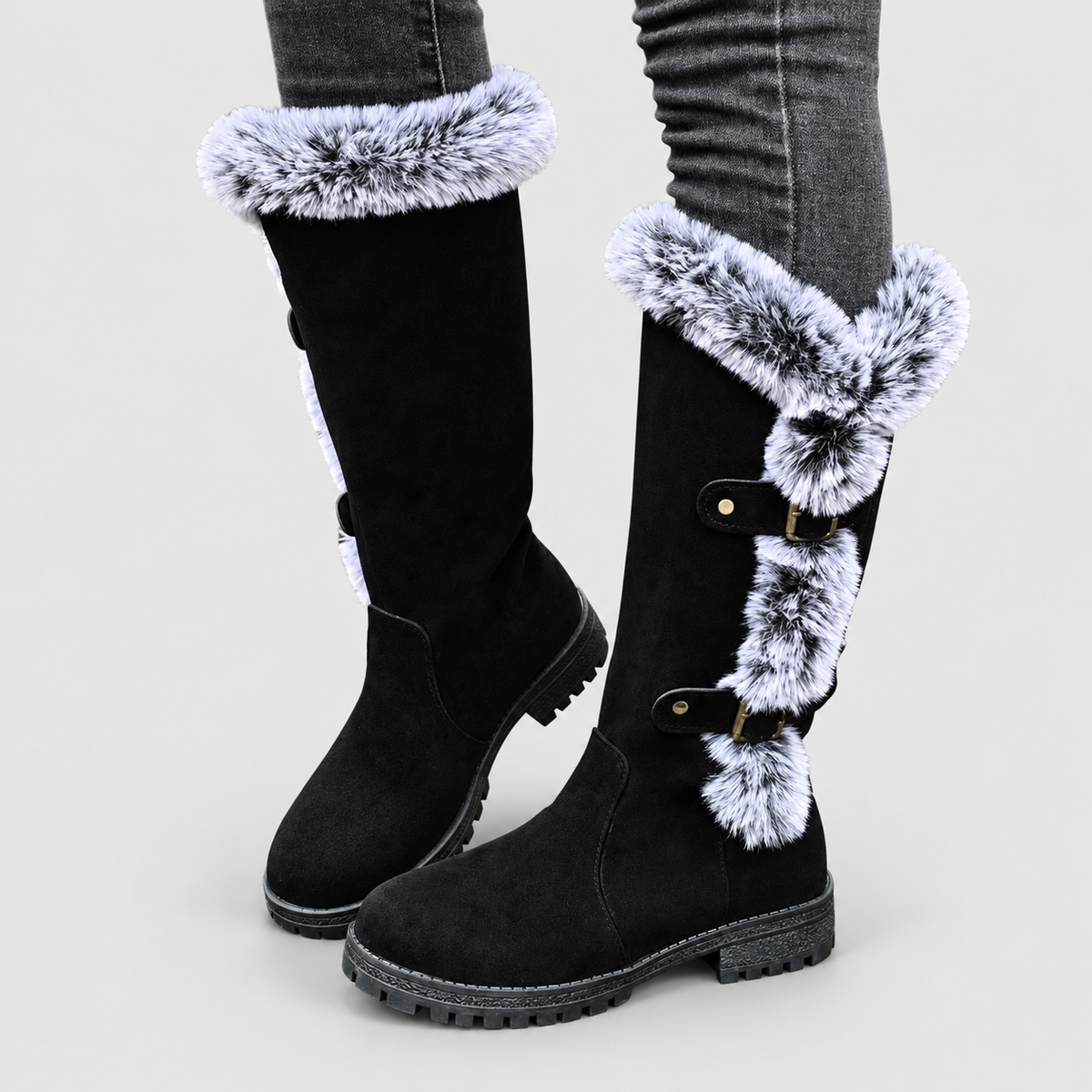 Women's Faux Suede Plush-Lined Buckle Knee-High Boots in Black — view 9