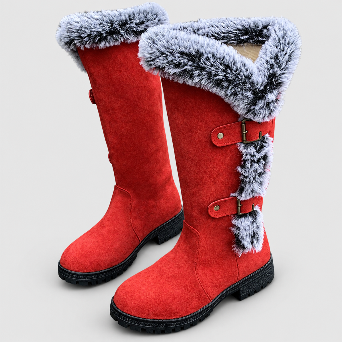 Women's Faux Suede Plush-Lined Buckle Knee-High Boots in Red — view 11