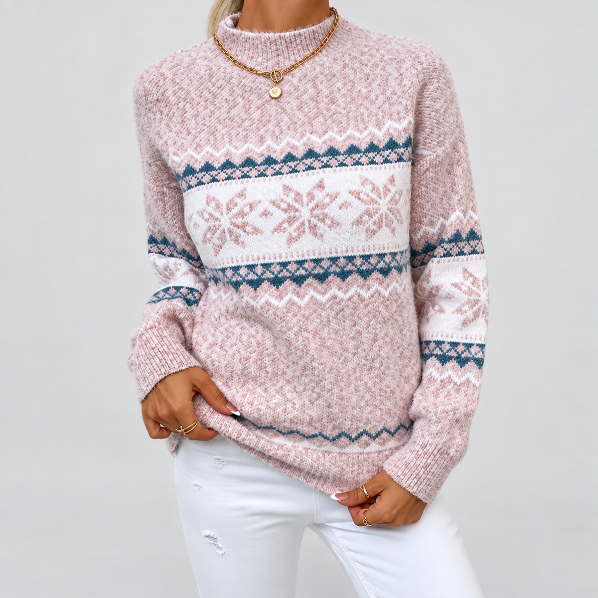 Women's Geometric-Pattern Mock-Neck Jumper in Pink — view 3