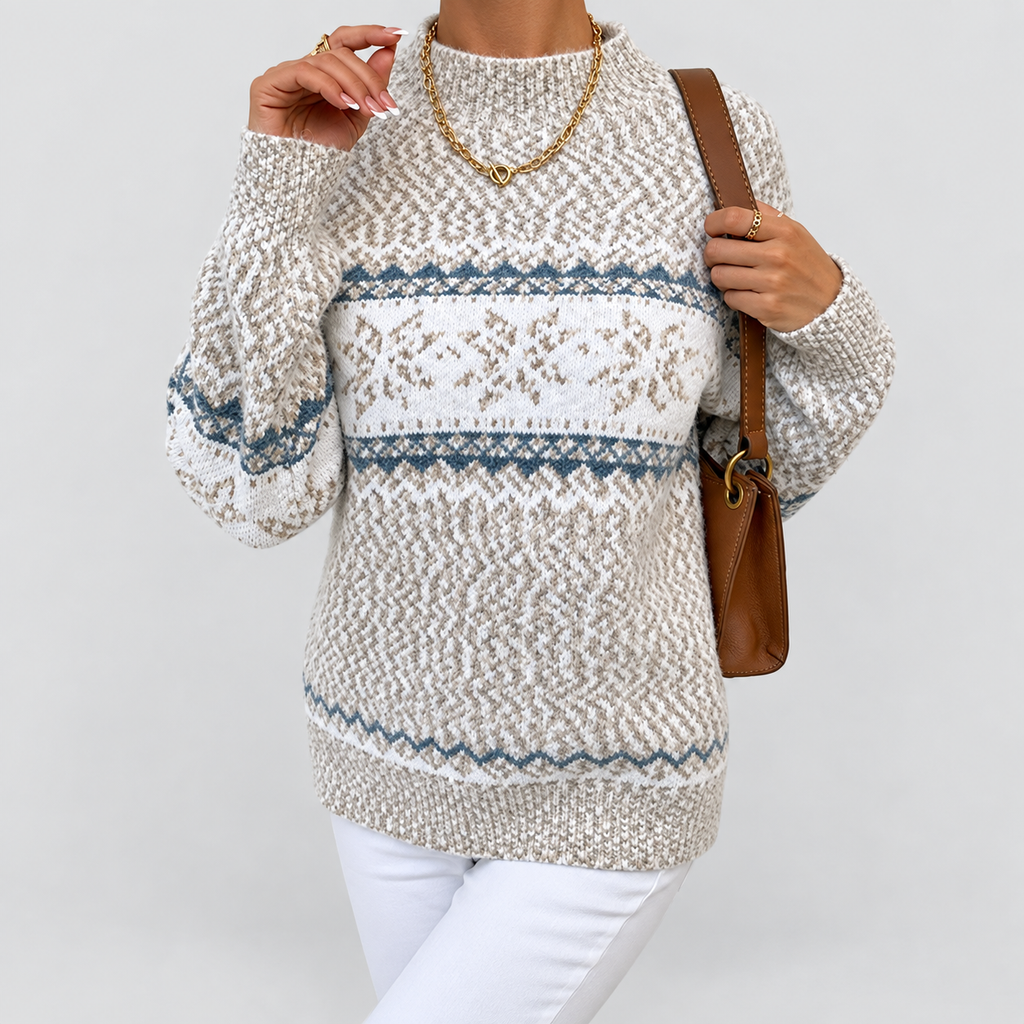 Women's Geometric-Pattern Mock-Neck Jumper in Beige — view 4