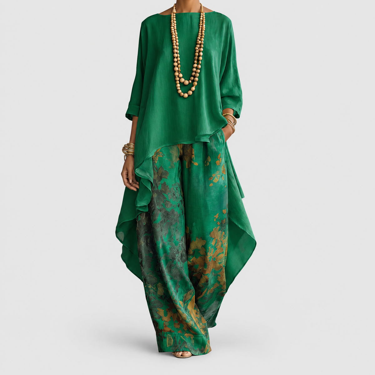 Women's Boho Floral Two-Piece Set in Green — view 2