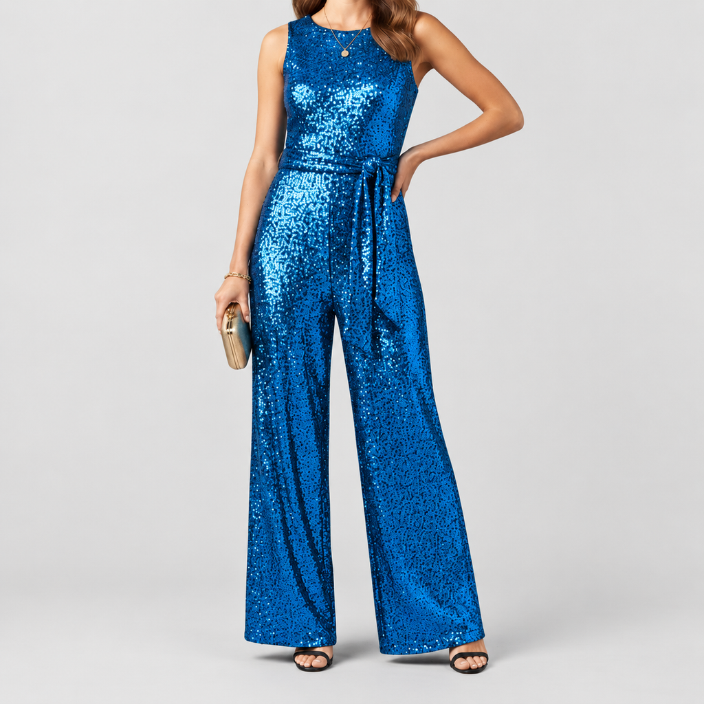 Women's Sequin Straight-Leg Evening Jumpsuit in Blue — view 7