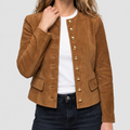 Women's Tan Suede-Look Jacket with Gold-Tone Buttons and Collarless Neckline in Brown — view 1
