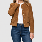 Women's Tan Suede-Look Jacket with Gold-Tone Buttons and Collarless Neckline — view 2