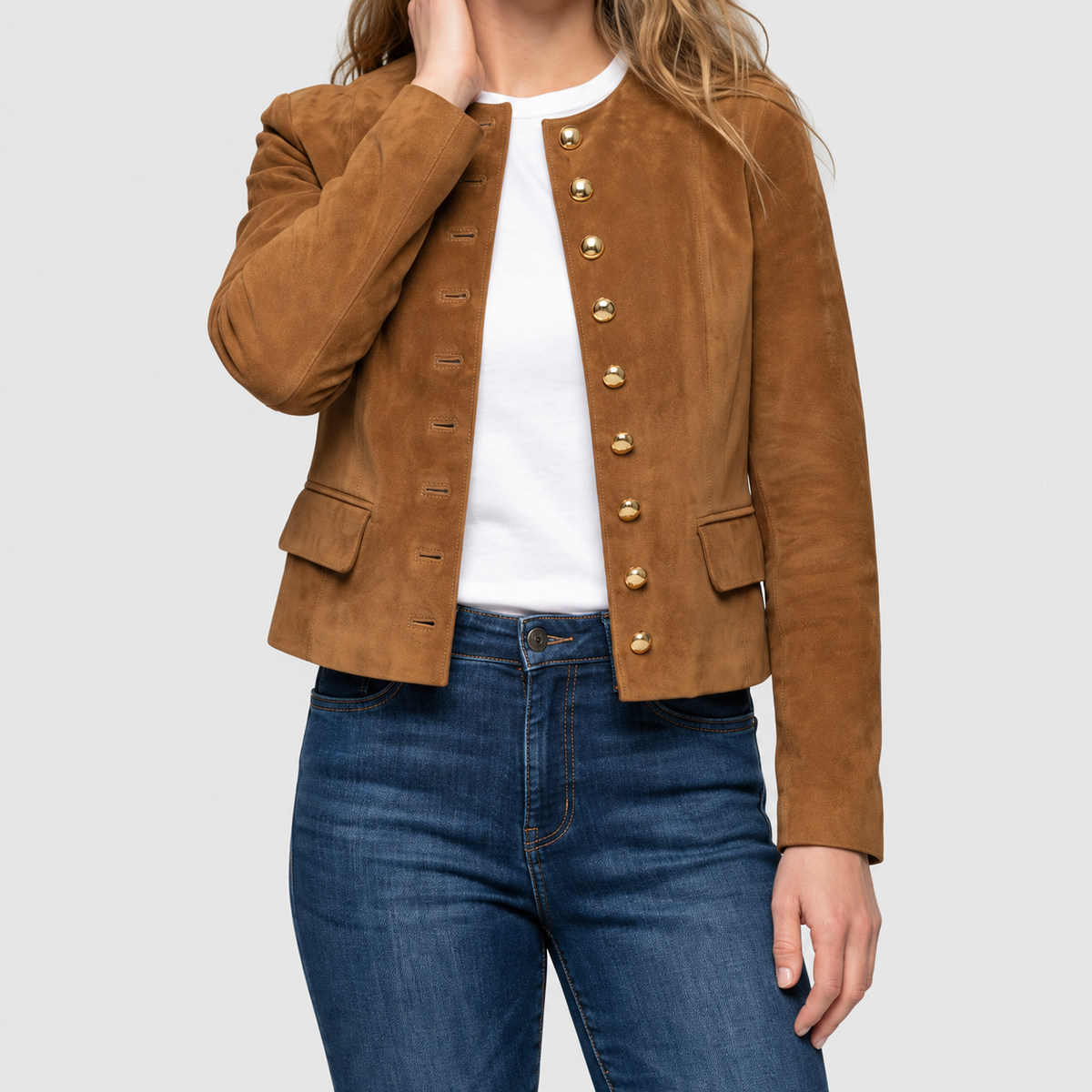 Women's Tan Suede-Look Jacket with Gold-Tone Buttons and Collarless Neckline — view 2
