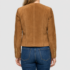 Women's Tan Suede-Look Jacket with Gold-Tone Buttons and Collarless Neckline — view 3