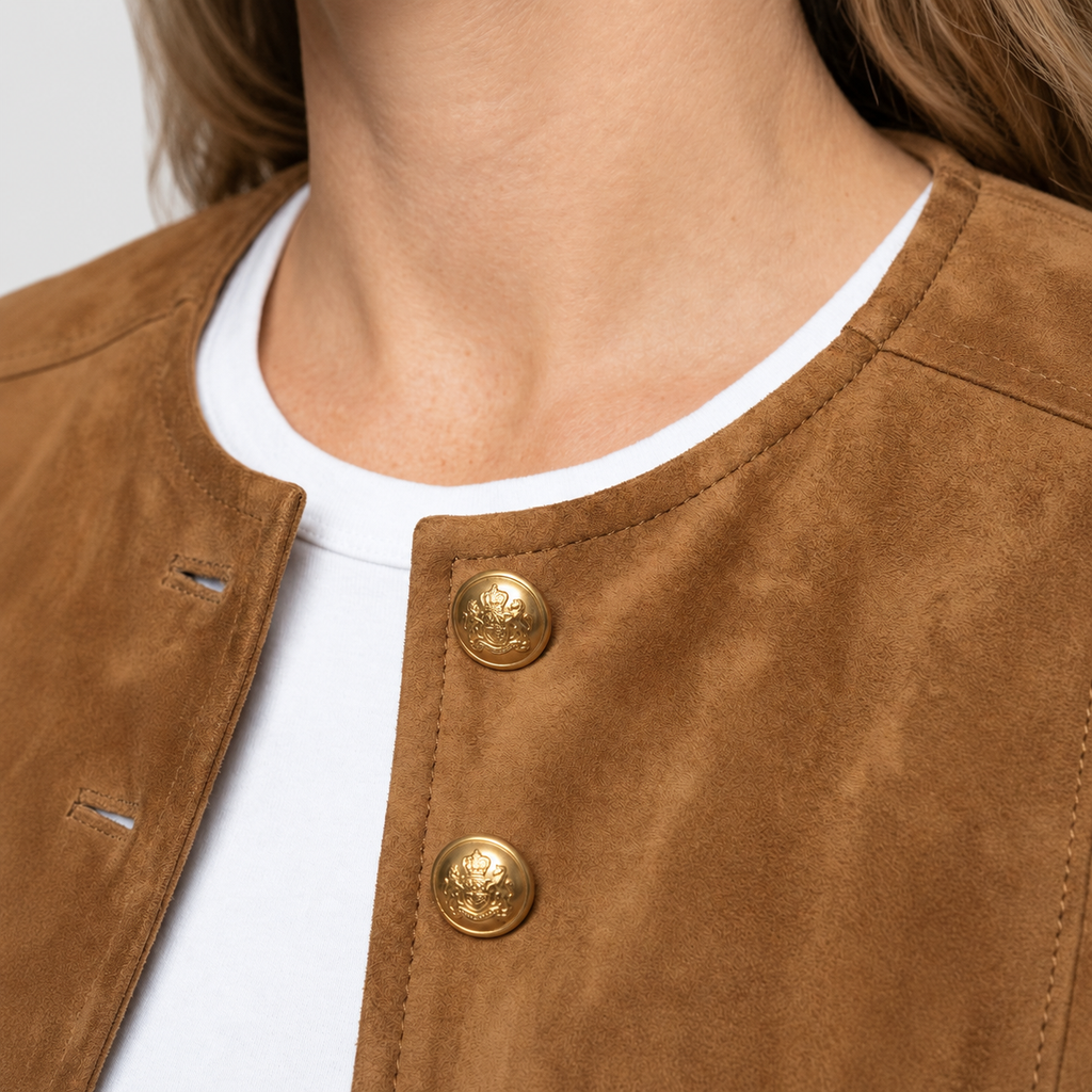 Women's Tan Suede-Look Jacket with Gold-Tone Buttons and Collarless Neckline — view 4