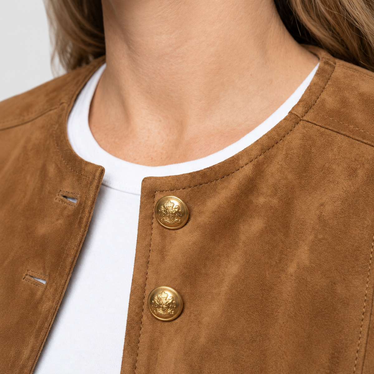 Women's Tan Suede-Look Jacket with Gold-Tone Buttons and Collarless Neckline — view 4