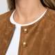 Rosamund | Women's Tan Suede-Look Jacket with Gold-Tone Buttons and Collarless Neckline