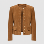 Women's Tan Suede-Look Jacket with Gold-Tone Buttons and Collarless Neckline — view 5