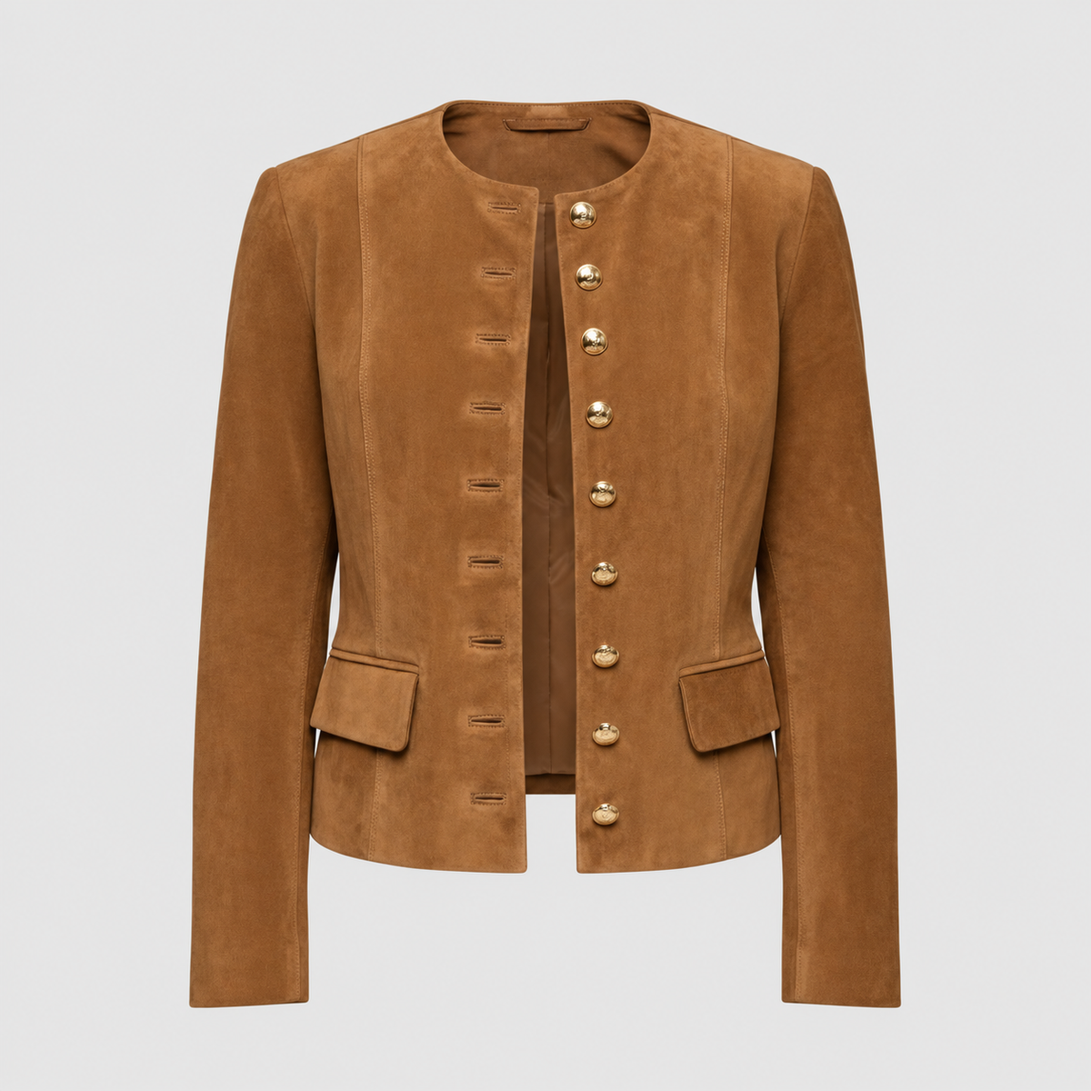 Women's Tan Suede-Look Jacket with Gold-Tone Buttons and Collarless Neckline — view 5