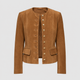 Rosamund | Women's Tan Suede-Look Jacket with Gold-Tone Buttons and Collarless Neckline