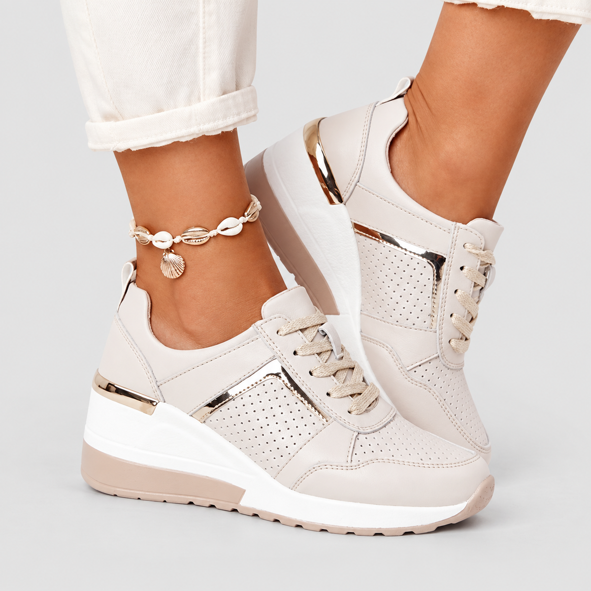 Women's Mesh-Panel Lace-Up Trainers in Gold — view 2