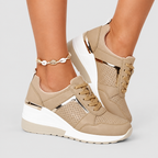 Women's Mesh-Panel Lace-Up Trainers in Beige — view 4