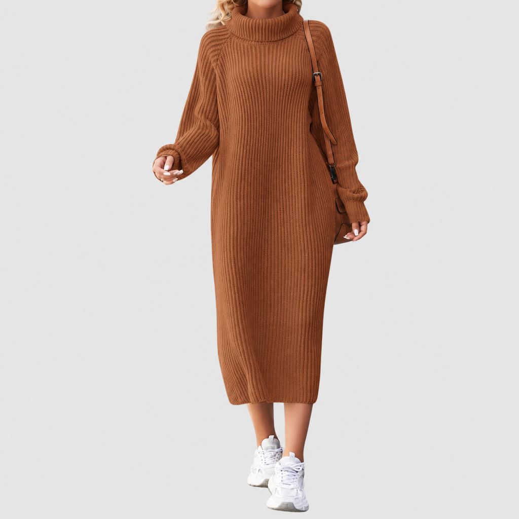 Women's Ribbed Roll-Neck Midi Dress with Long Sleeves in Brown — view 2