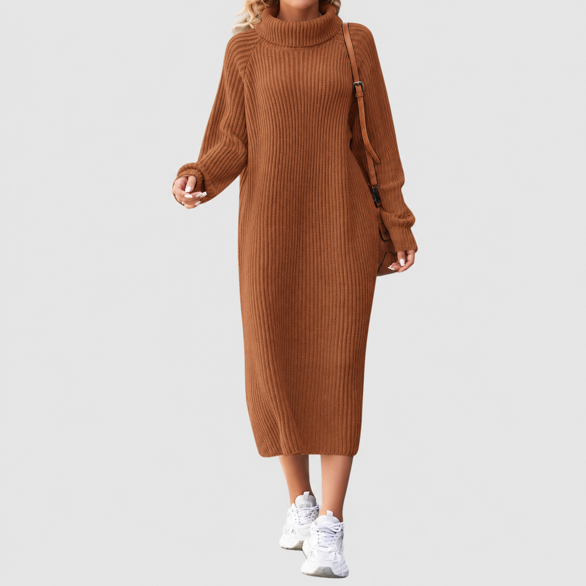 Women's Ribbed Roll-Neck Midi Dress with Long Sleeves in Brown — view 2