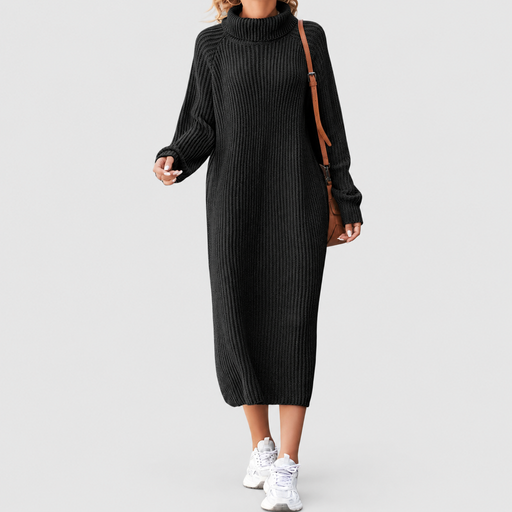 Women's Ribbed Roll-Neck Midi Dress with Long Sleeves in Black — view 3