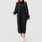 Women's Ribbed Roll-Neck Midi Dress with Long Sleeves in Black — view 3