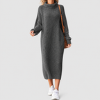 Women's Ribbed Roll-Neck Midi Dress with Long Sleeves in Grey — view 4