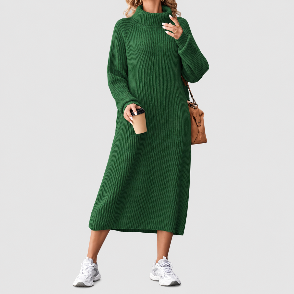 Women's Ribbed Roll-Neck Midi Dress with Long Sleeves in Green — view 5