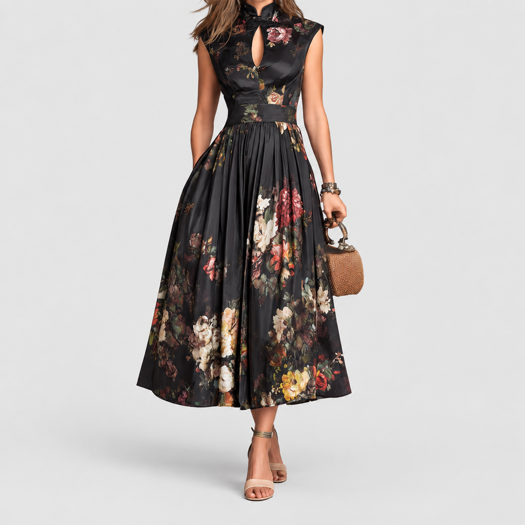 Women's Black Floral Pleated Satin Midi Dress with Keyhole Collar in Black — view 1