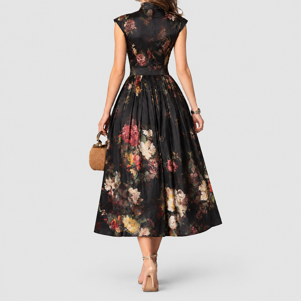 Women's Black Floral Pleated Satin Midi Dress with Keyhole Collar — view 2