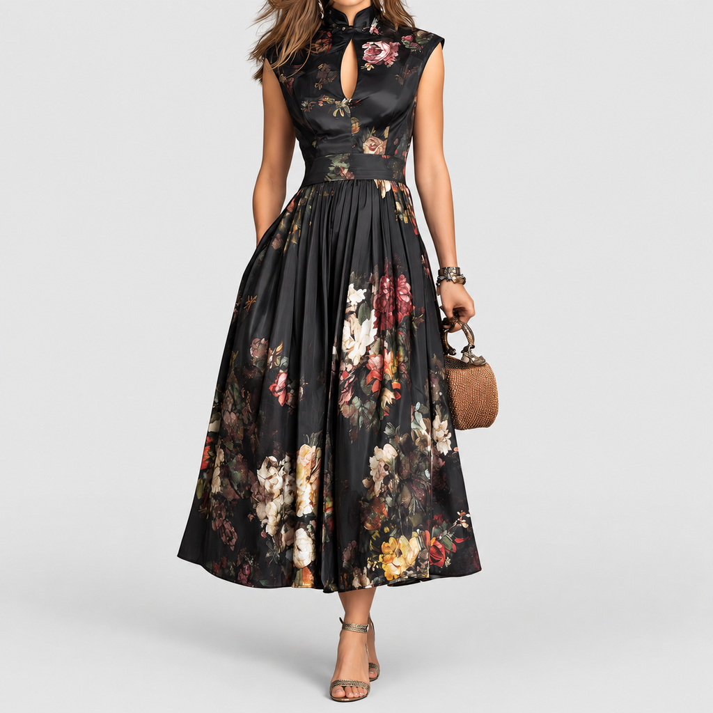 Women's Black Floral Pleated Satin Midi Dress with Keyhole Collar — view 3