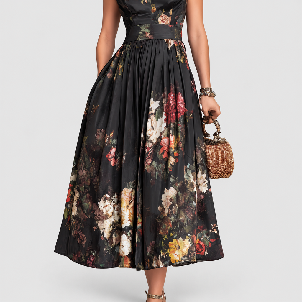 Women's Black Floral Pleated Satin Midi Dress with Keyhole Collar — view 5