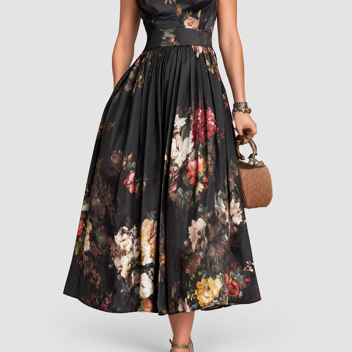 Women's Black Floral Pleated Satin Midi Dress with Keyhole Collar — view 5