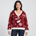 Ruby Red Snowflake Christmas Jumper with Pom-Pom Tie, red, front view