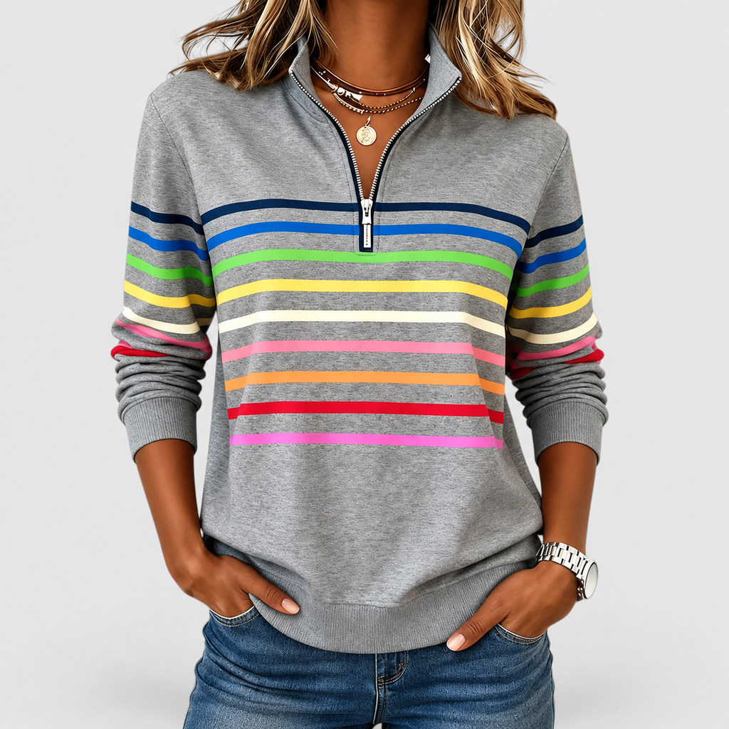 Women's Rainbow Striped Half-Zip Sweatshirt in Grey — view 1