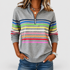 Women's Rainbow Striped Half-Zip Sweatshirt in Grey — view 1