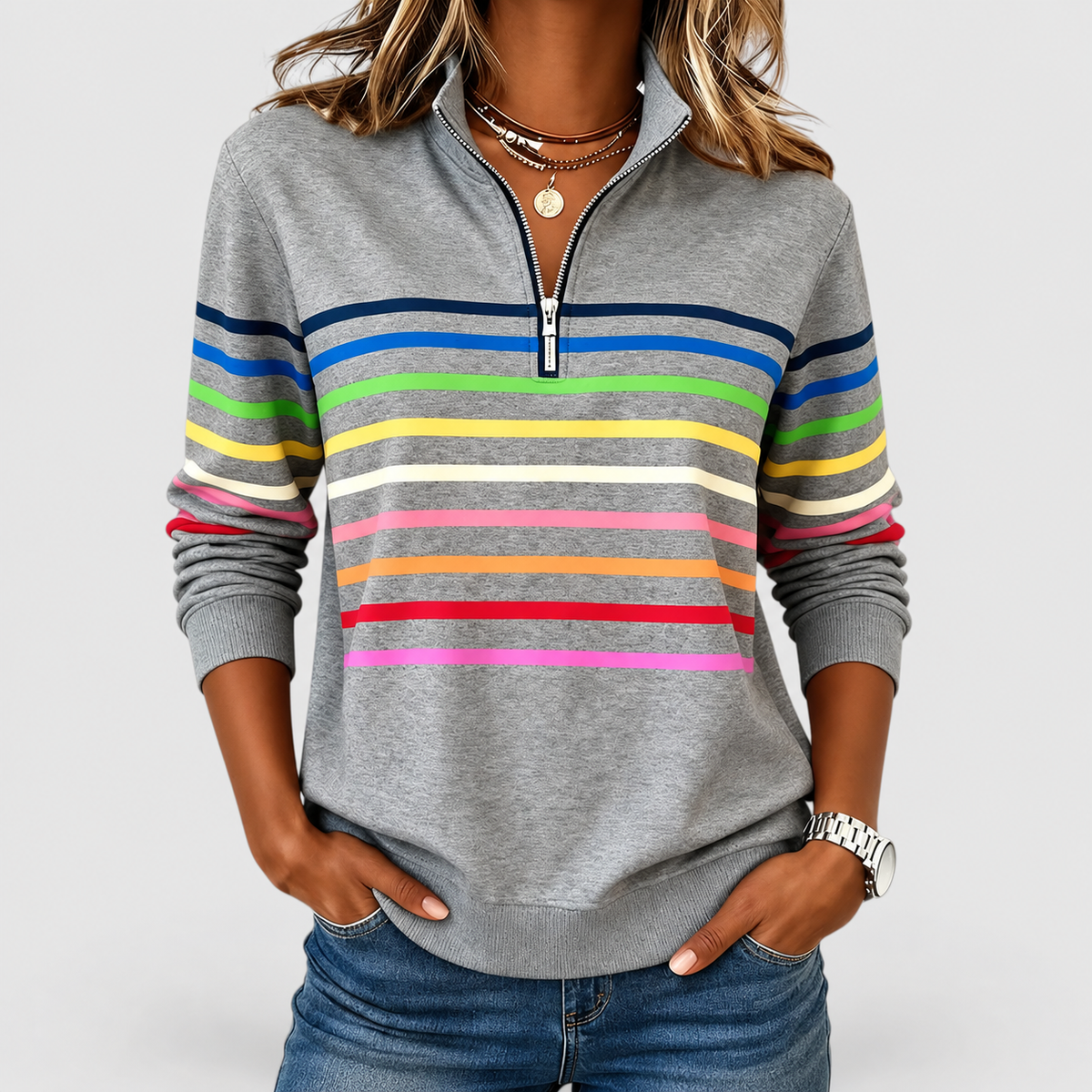 Women's Rainbow Striped Half-Zip Sweatshirt in Grey — view 1