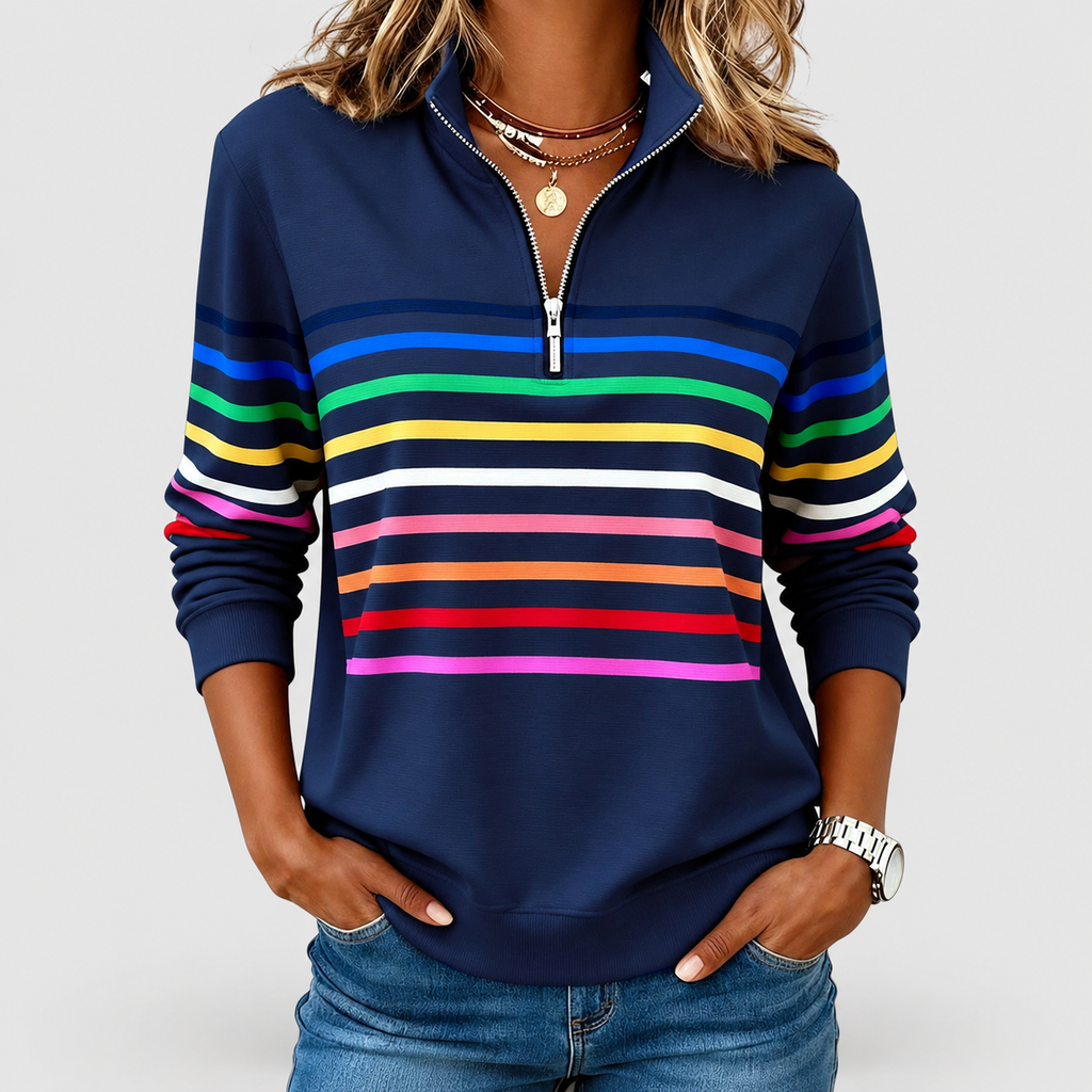 Women's Rainbow Striped Half-Zip Sweatshirt in Navy Blue — view 4