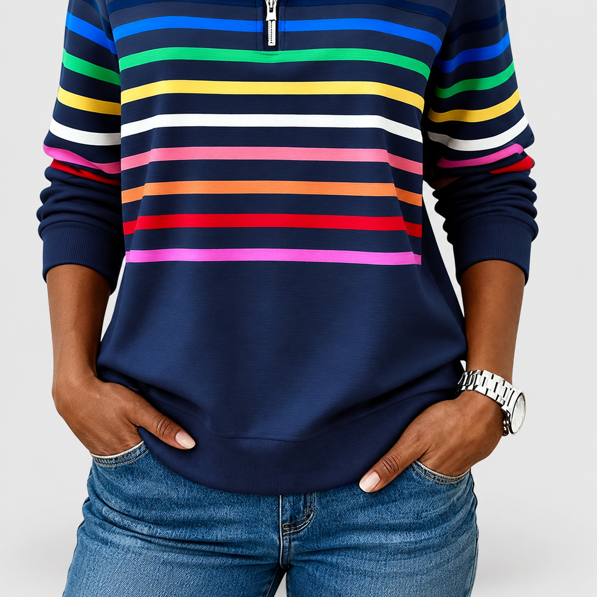 Women's Rainbow Striped Half-Zip Sweatshirt — view 6