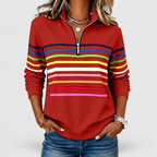 Women's Rainbow Striped Half-Zip Sweatshirt in Red — view 10