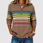Women's Rainbow Striped Half-Zip Sweatshirt in Khaki — view 13