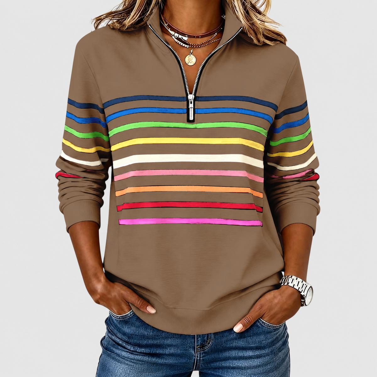 Women's Rainbow Striped Half-Zip Sweatshirt in Khaki — view 13