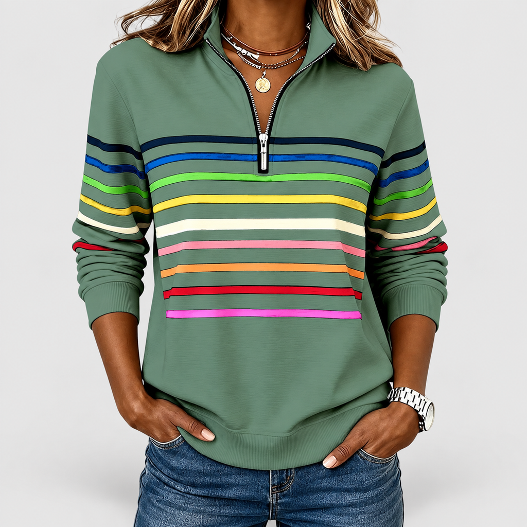 Women's Rainbow Striped Half-Zip Sweatshirt in Green — view 15