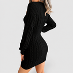 Women's Fitted Cable Knit V-Neck Jumper Dress in Black — view 2