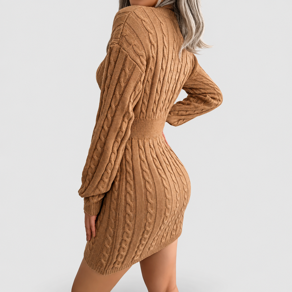 Women's Fitted Cable Knit V-Neck Jumper Dress in Camel — view 6