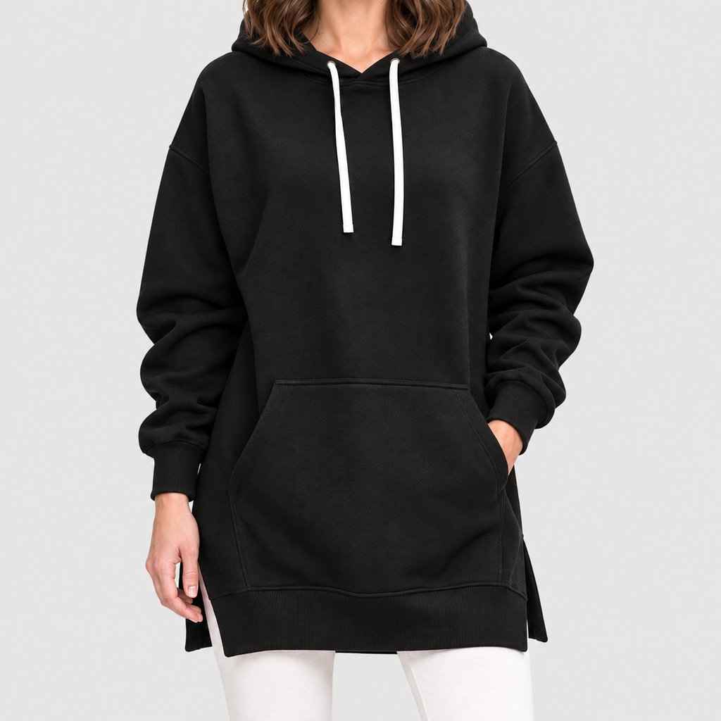 Women's Oversized Long Hoodie Dress with Fleece Lining in Black — view 1