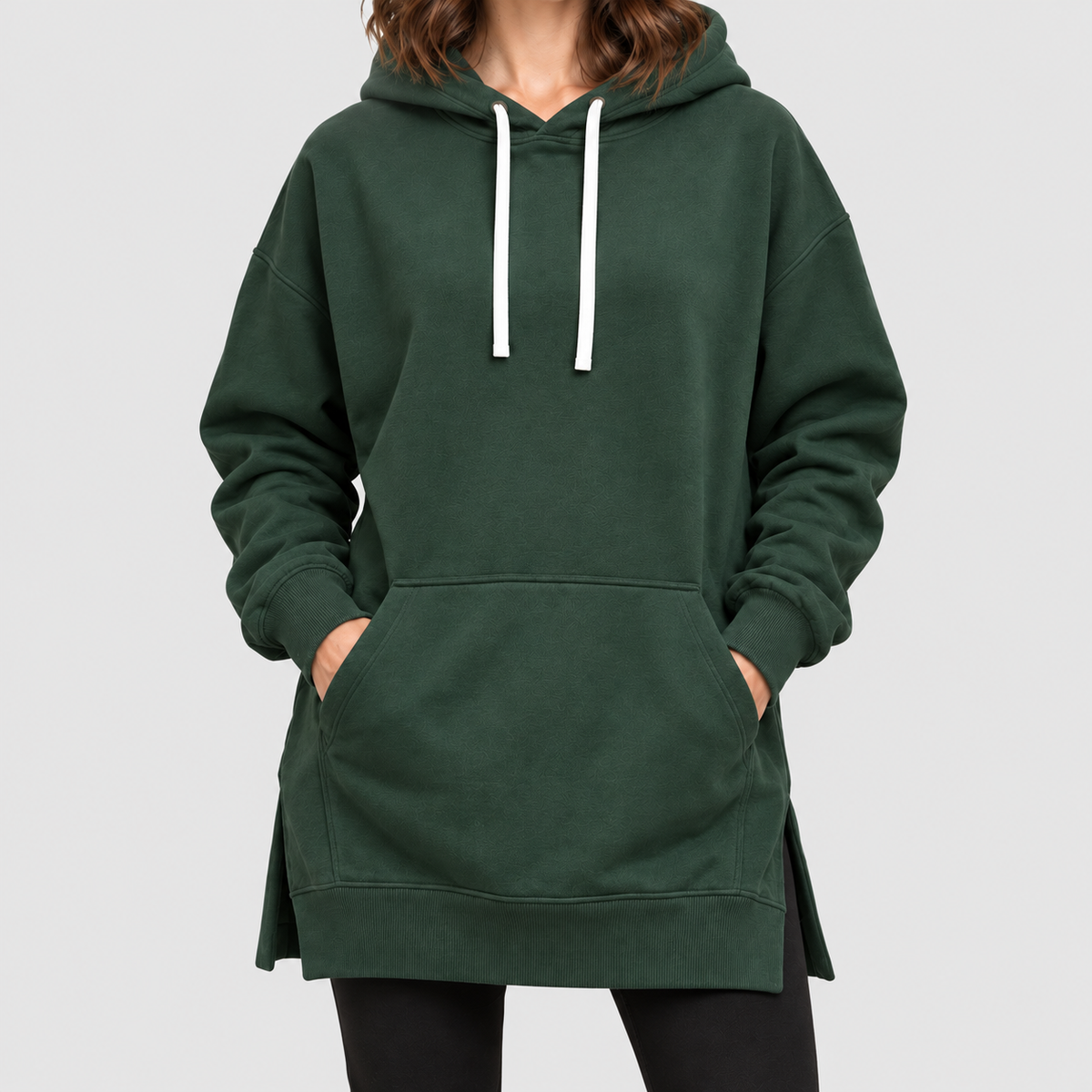 Women's Oversized Long Hoodie Dress with Fleece Lining in Green — view 4