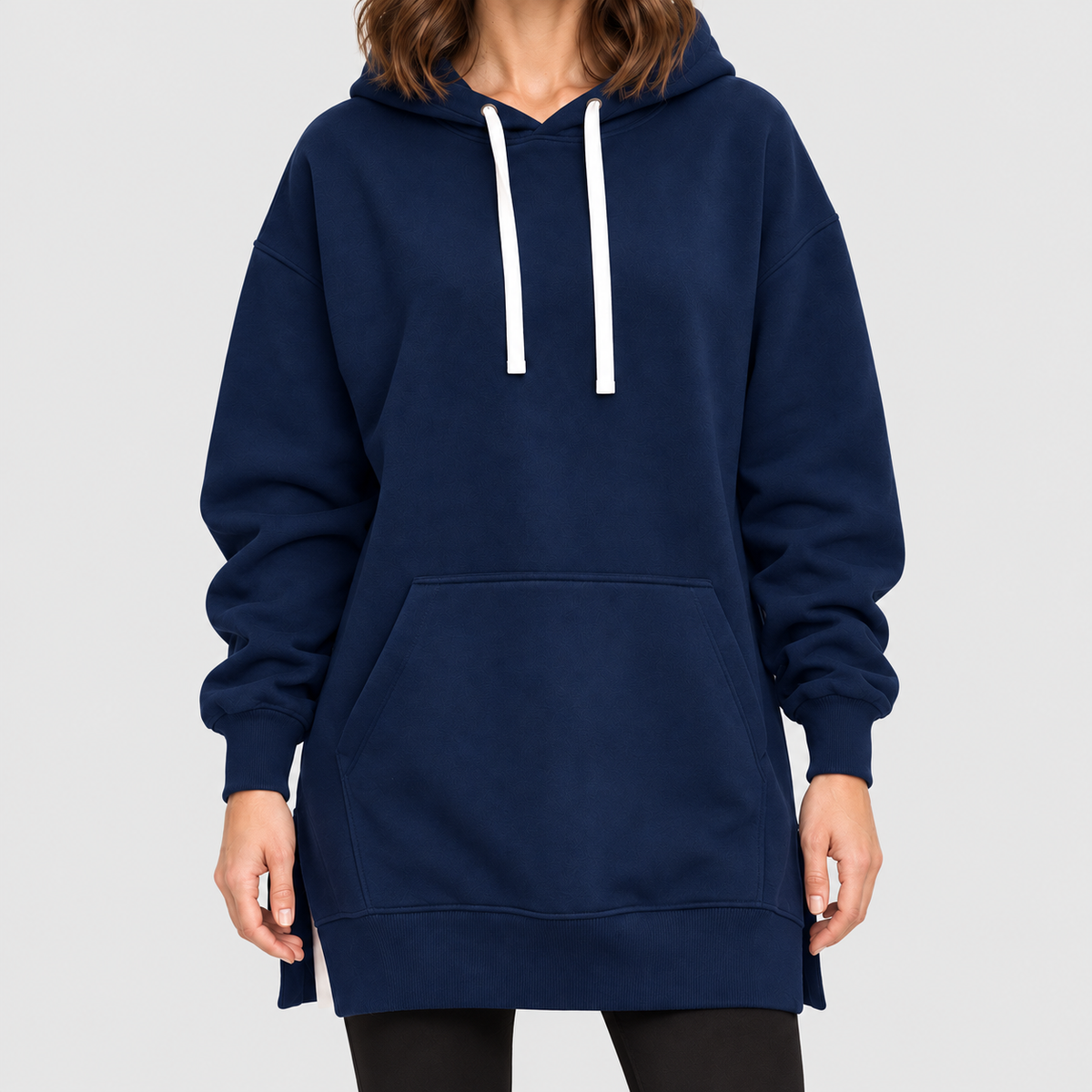 Women's Oversized Long Hoodie Dress with Fleece Lining in Navy Blue — view 5