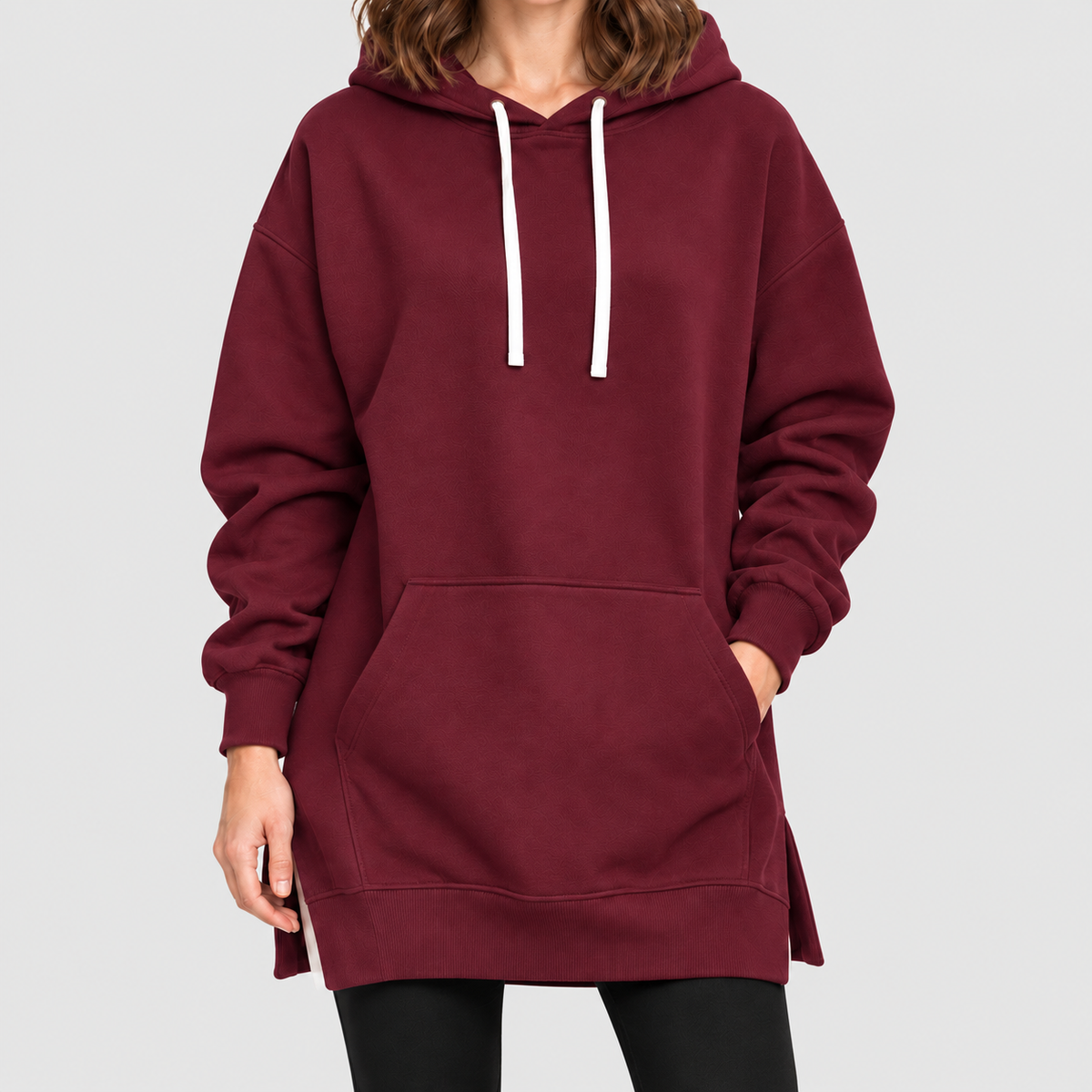 Women's Oversized Long Hoodie Dress with Fleece Lining in Wine Red — view 6