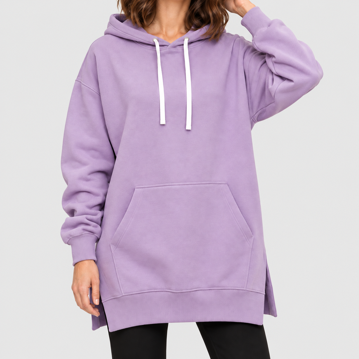 Women's Oversized Long Hoodie Dress with Fleece Lining in Lilac — view 7