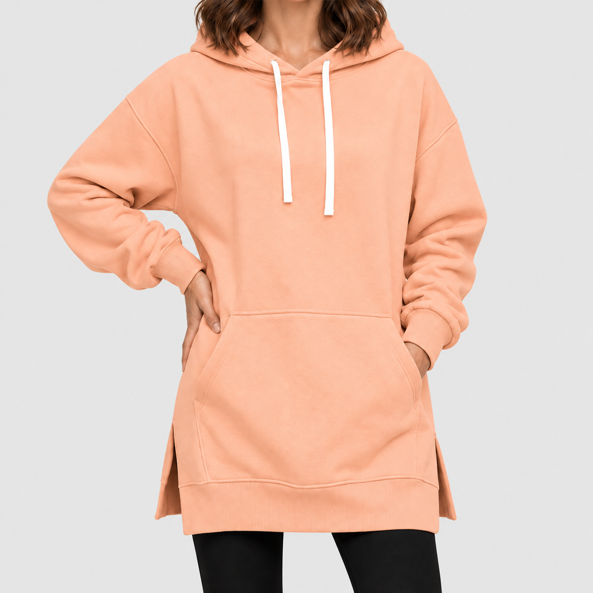 Women's Oversized Long Hoodie Dress with Fleece Lining in Peach — view 8
