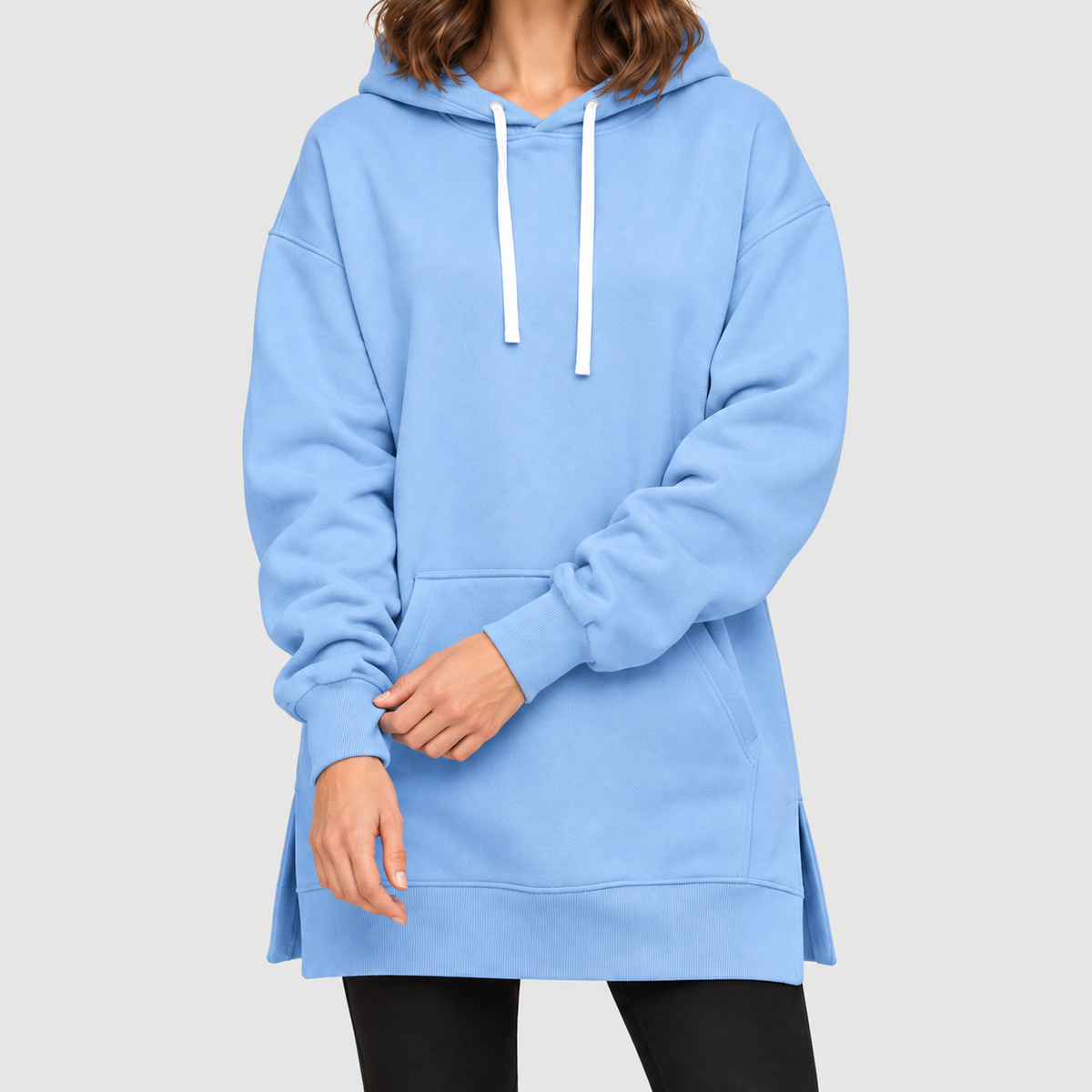 Women's Oversized Long Hoodie Dress with Fleece Lining in Baby Blue — view 9