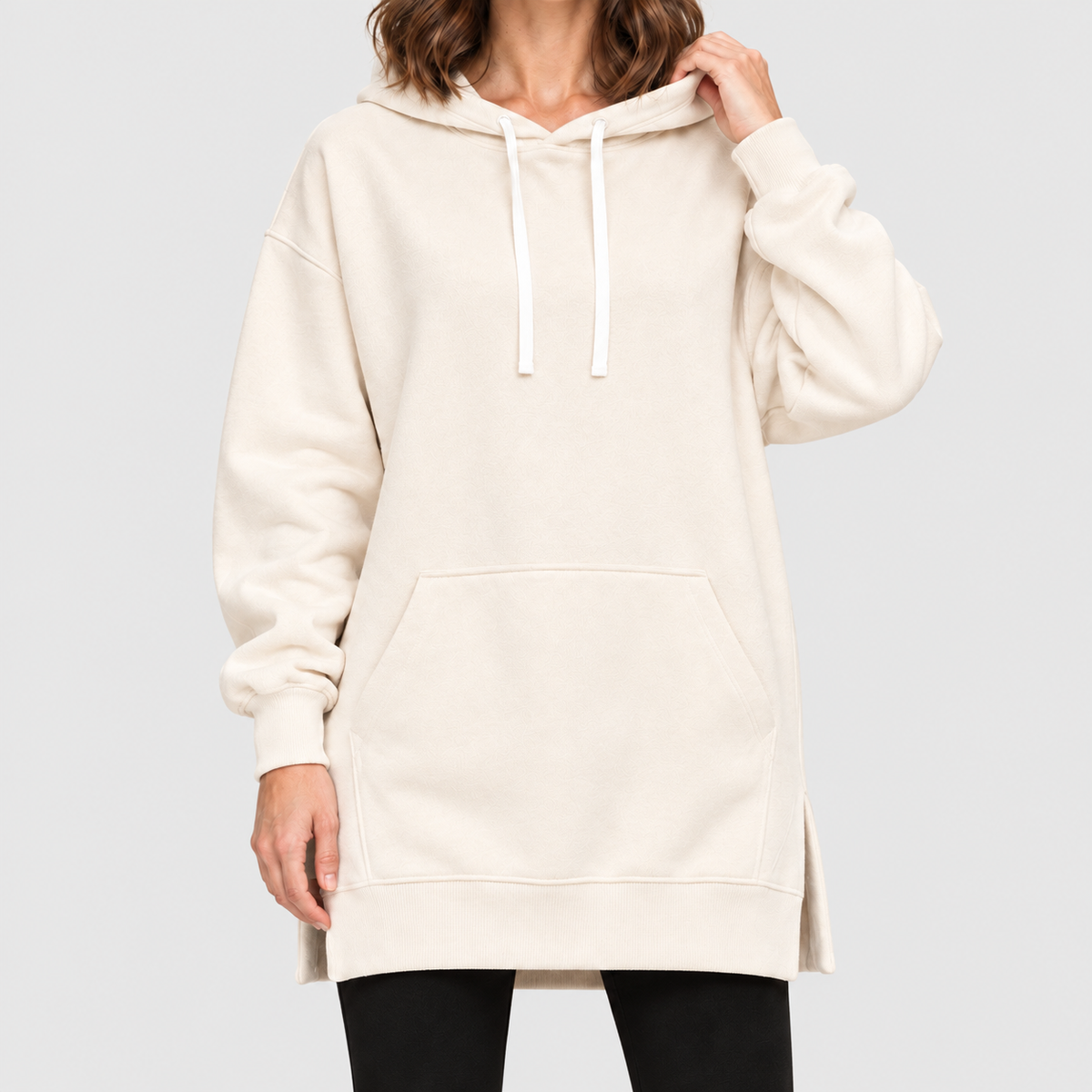 Women's Oversized Long Hoodie Dress with Fleece Lining in Cream — view 10